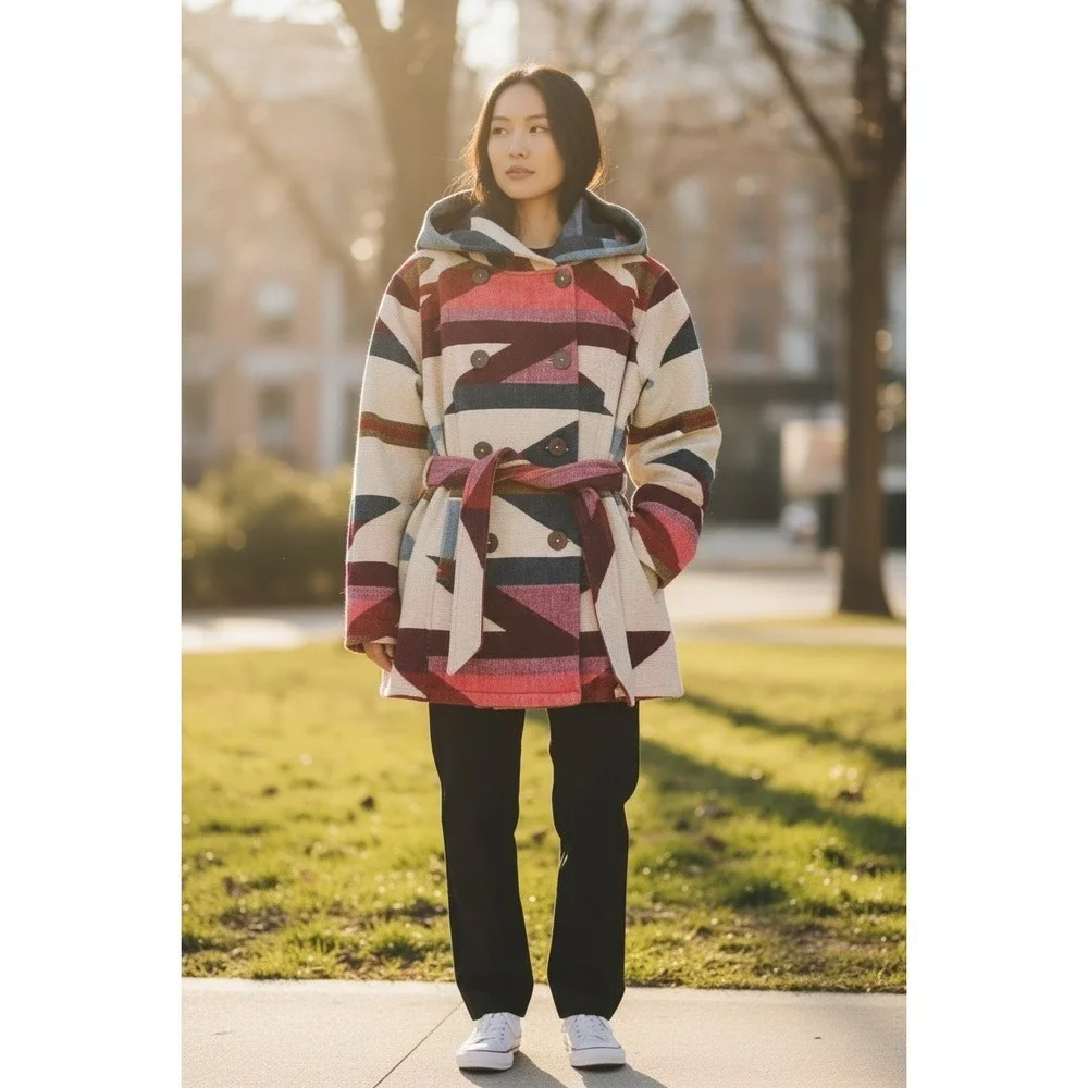 NTVES Jacket Geometric L Alpaca‎ Southwest Aztec Patchwork Ecuador Handmade Wool